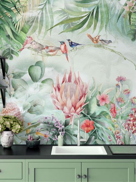 Colorful Tropical Exotic Cactus Floral with Little Birds Wallpaper Mural