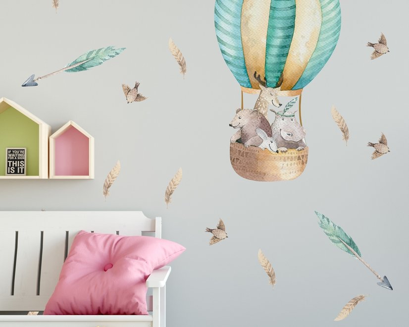 Kids Watercolor Hot Air Balloon with Animals and Colorful Feathers Wall Decal Sticker