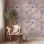 Cute pink seashell wallpaper with watercolour reef fish, coral, seaweed, starfish and shells on blush pink