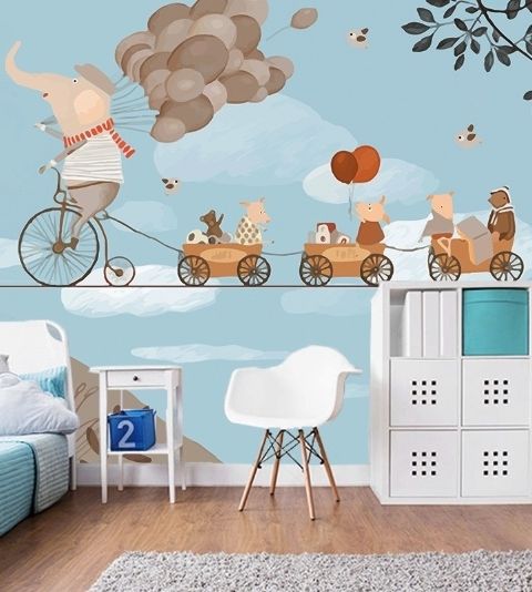 Éléphant sur un vélo avec des animaux mignons Papier peint panoramique