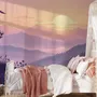 Stag mountain wallpaper with a navy deer silhouette, lavender pine ridges and a pale golden sun