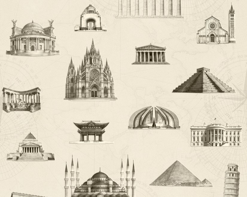 Vintage World Architecture Sketch Wallpaper Mural
