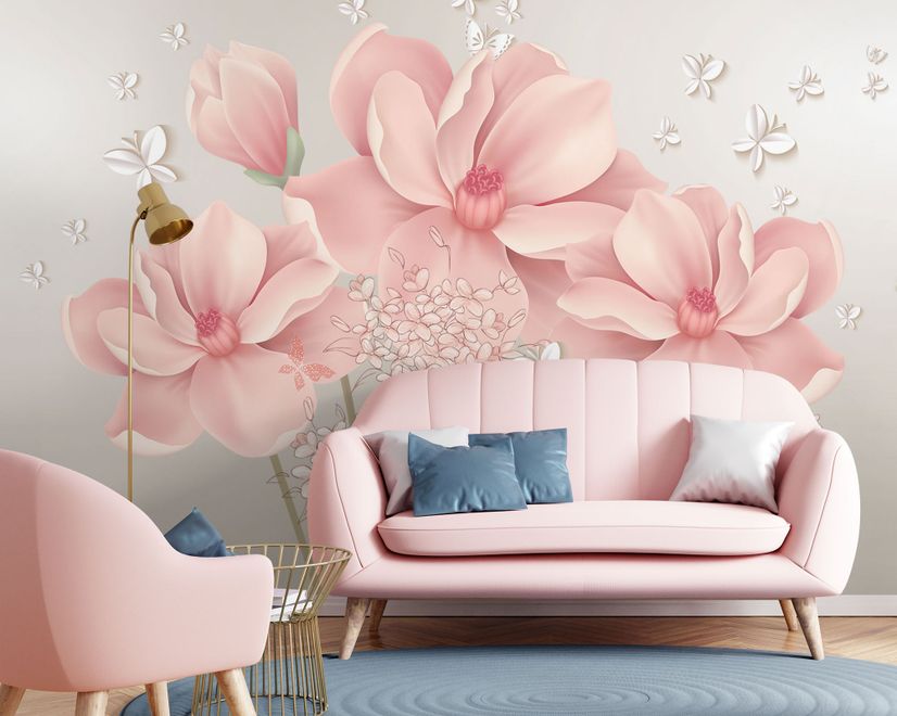 Pink Hdrangea Floral with Little Butterfly Wallpaper Mural