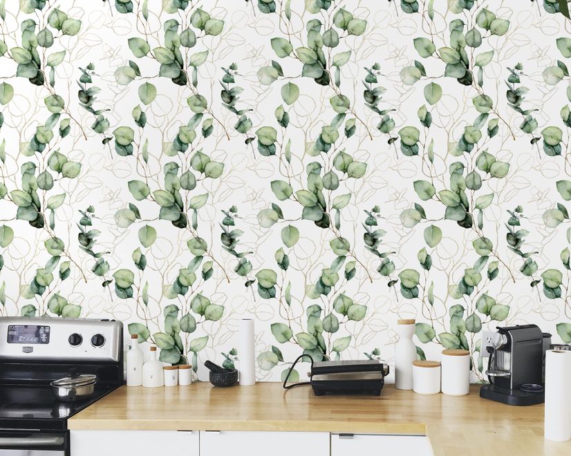 Watercolor Green Eucalyptus Leaf Wallpaper Mural