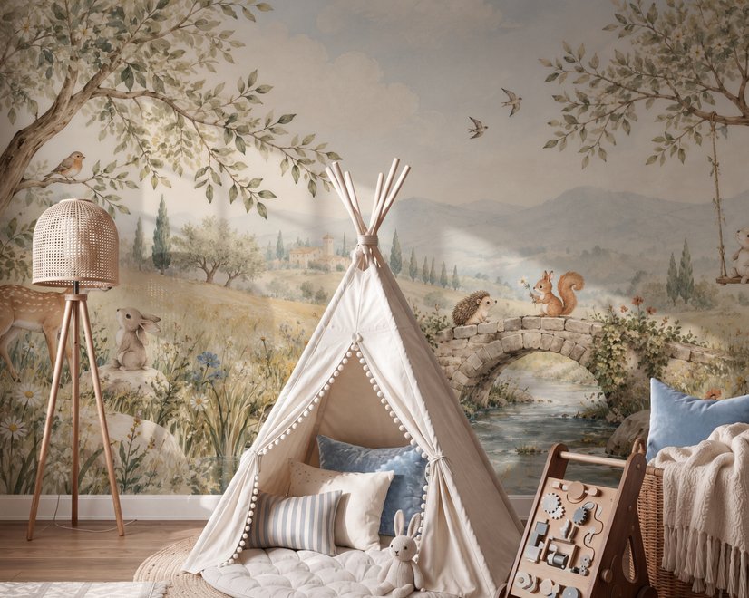 Watercolour woodland wall mural with fawn, rabbits, stone bridge, stream and distant cypress countryside