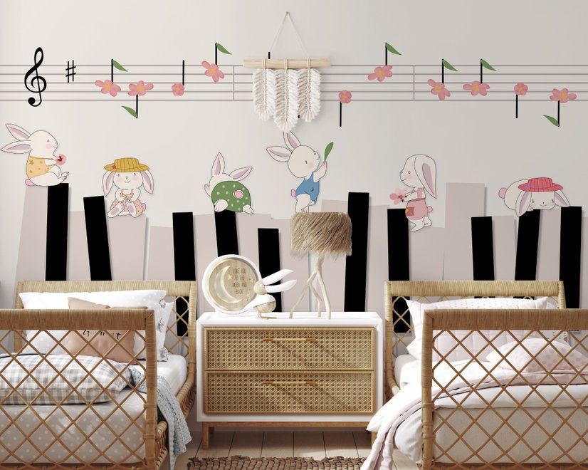 Cartoon Piano with Rabbits Wallpaper Mural