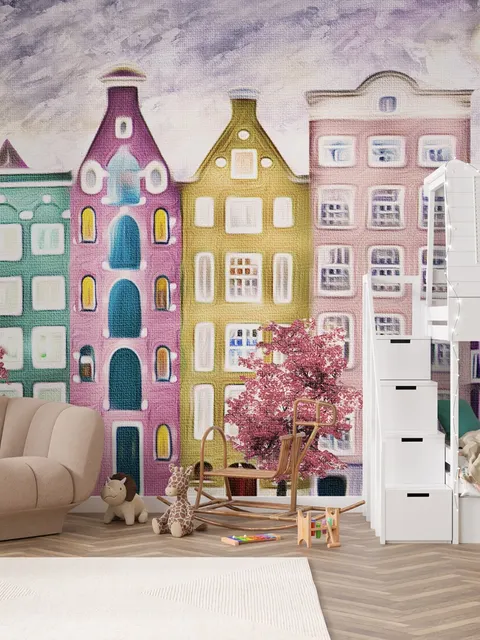 Dutch Style Colorful Houses and Red Trees Wallpaper Mural for Kids