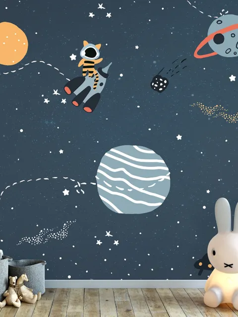 Nursery Space with Colorful Planets and Little Stars Wallpaper Mural