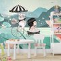 Papier peint panoramique dessin animé petite fille avec chat et lotus rose pour chambre de filles