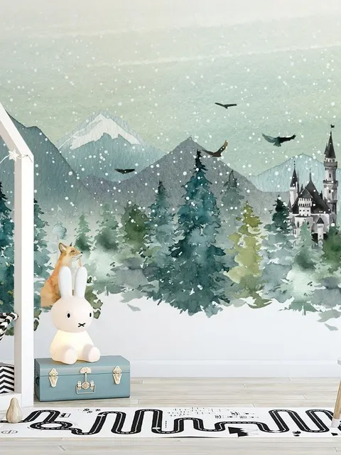 Watercolor Winter Landscape and Fox Wallpaper Mural