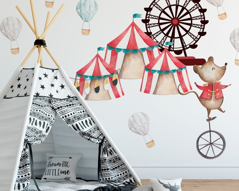 Kids Watercolor Circus Amusement Park with Little Hot Air Balloon Wall Decal Sticker
