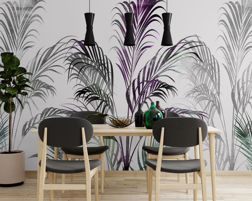 Tropical Fresh Purple Green Palm Leaves Wallpaper Mural