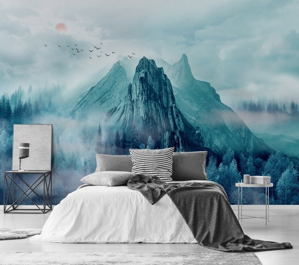 Misty Mountain Landscape and Sunrise Wallpaper Mural - Peel and Stick
