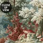 Vintage forest wallpaper mural with blue-grey trees, ivory blossom, red plants and toadstools around a misty path