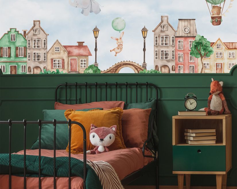 Watercolor Cute Houses with Flying Animals Wallpaper Mural for Kids
