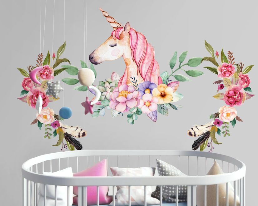 Kids Pink Unicorn with Colorful Florals Wall Decal Sticker