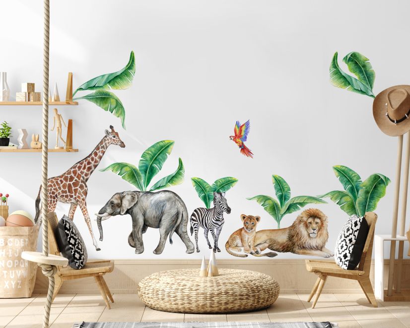 Kids Watercolor Safari Animals with Banana Leaves Wall Decal Sticker