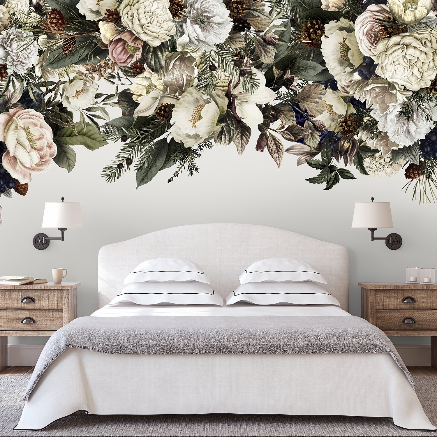 Retro Dark White Flowers Wallpaper Mural - Peel and Stick