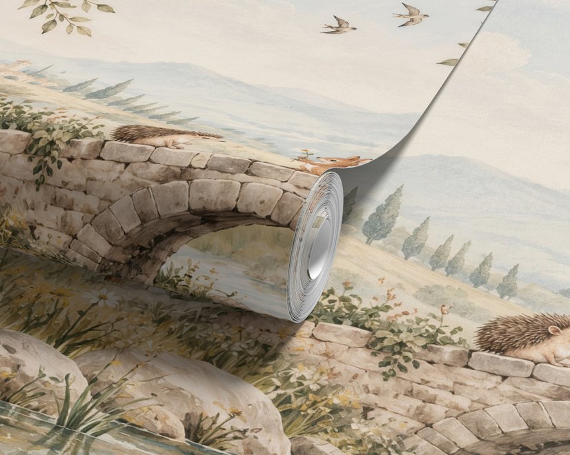 Watercolour woodland wall mural with fawn, rabbits, stone bridge, stream and distant cypress countryside