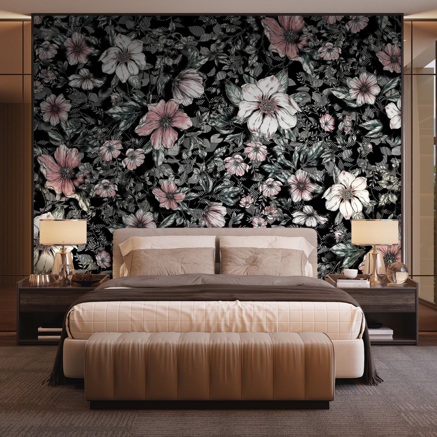 Dark Floral with White Daisy Wallpaper Mural - Peel and Stick