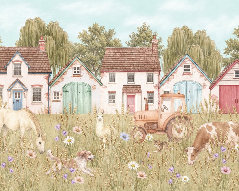 Watercolour rustic farmhouse wallpaper mural with horse, cow, llama, dog, tractor and cottage barns in a wheat meadow