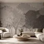 Misty forest nature wallpaper mural in greige, taupe and charcoal watercolour with birds