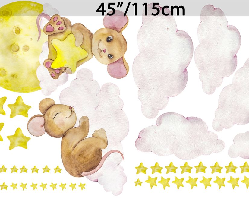 Kids Watercolor Mouse on the Yellow Moon with Little Stars Wall Decal Sticker
