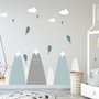 Nursery Soft Blue Gray Mountain Landscape and Little Hot Air Balloons Wall Decal Sticker