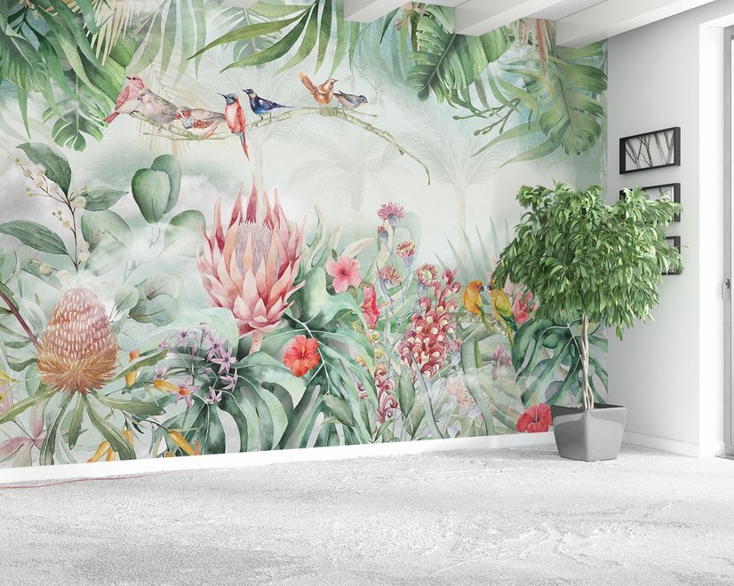 Bunte Tropische Exotische Kaktusblumen mit Kleinen Vögeln Fototapete