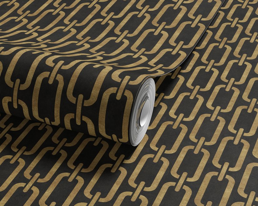 Black wallpaper with gold vertical chain link Art Deco repeat on a textured charcoal ground