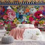 Papier peint panoramique fleurs de style bohème avec pivoines, œillets et violettes