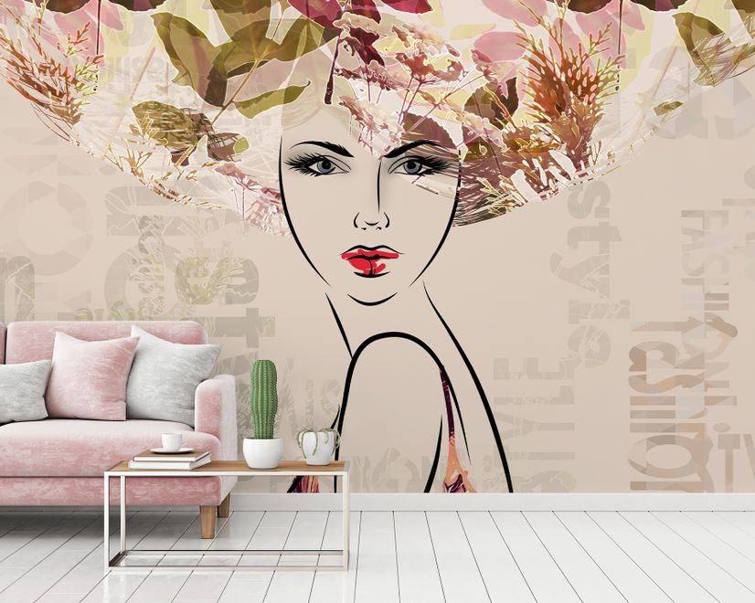 Woman Face Art with Winter Leaf Wallpaper Mural