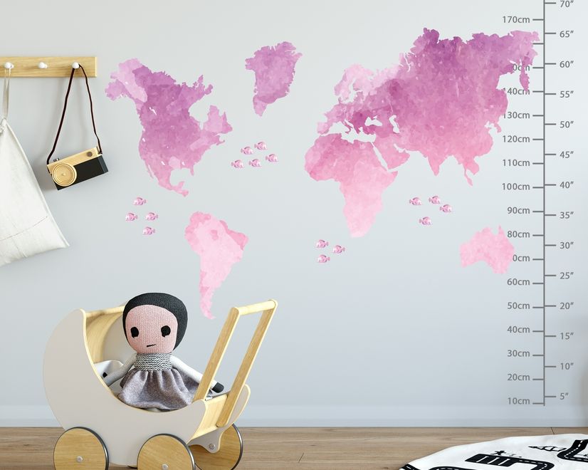 Kids Pink World Maps with Little Fishes Wall Decal Sticker