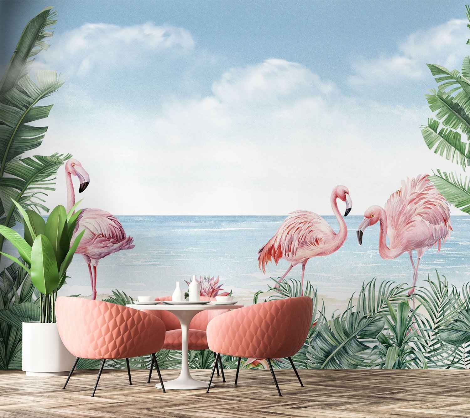 Tropical Landscape with Flamingos Wallpaper Mural - Peel and Stick