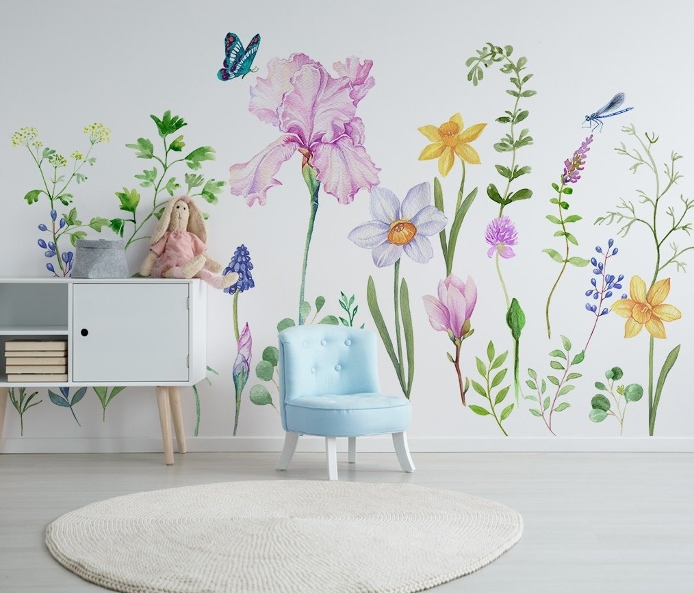 Cartoon Colorful Flower Garden Wallpaper Mural - Peel and Stick