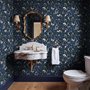 Midnight navy moody botanical wallpaper with lavender butterflies, ivory moons, gold stars, flowers and mushrooms