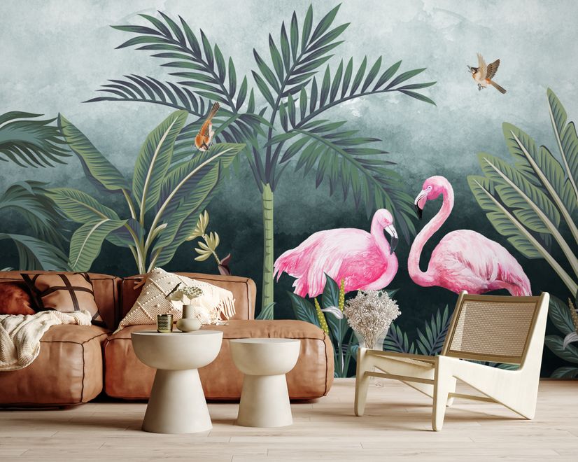 Pink Flamingo with Vintage Forest Wallpaper Mural