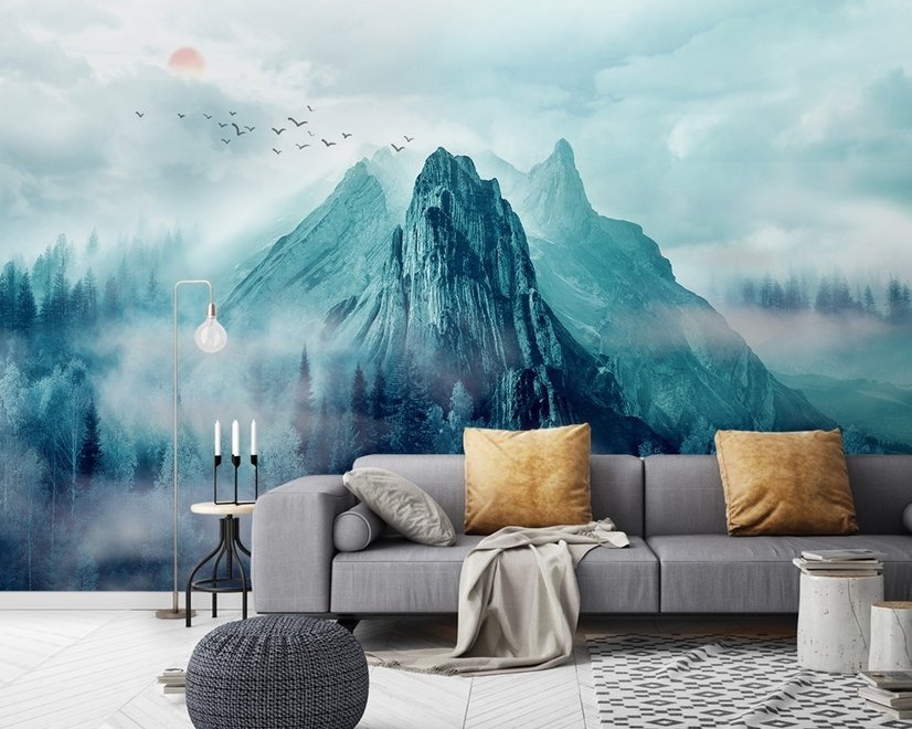 Papier peint paysage de montagnes brumeuses et lever de soleil