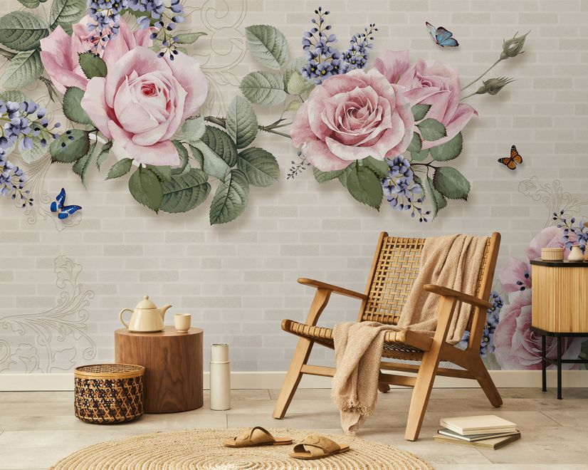 Papier peint panoramique floral vintage rose pastel