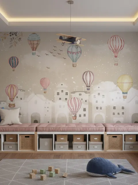Papier peint chambre d'enfant hiver et montgolfière