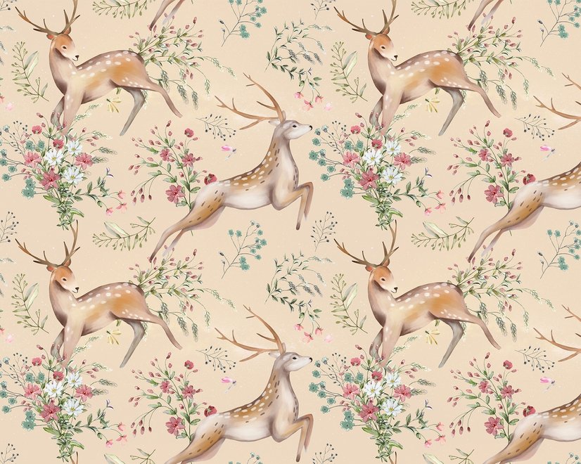 Fototapete Vintage Blumenmuster mit Hirsch für Kinderzimmer