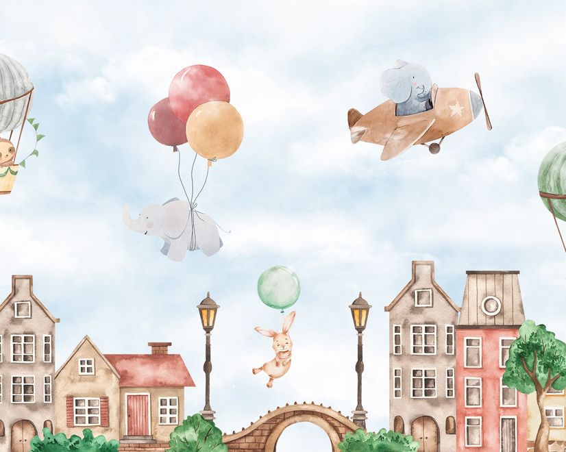 Watercolor Cute Houses with Flying Animals Wallpaper Mural for Kids