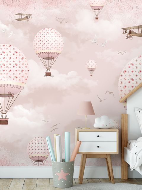 Papier peint panoramique du ciel rose des montgolfières et des avions pour les enfants et les filles