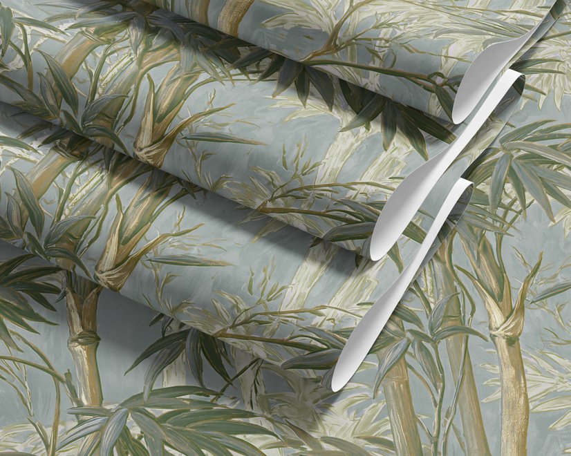 Bamboo oil painting wallpaper with olive leaves and ochre canes on a soft blue-grey ground