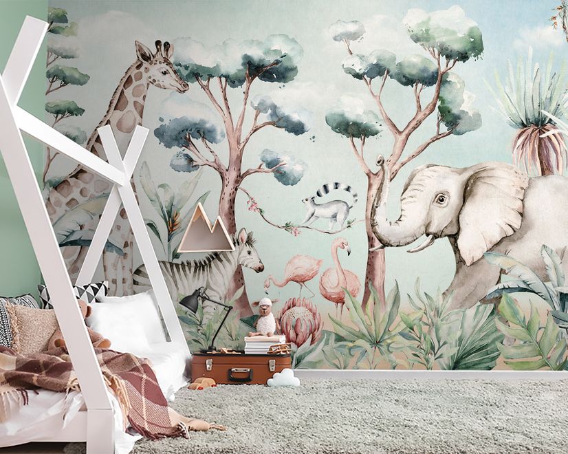 Kids Nursery Safari Animals and Flamingo in the Forest Wallpaper Mural