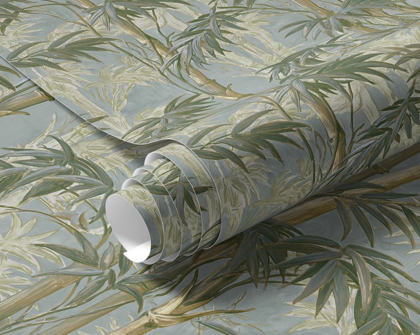 Bamboo oil painting wallpaper with olive leaves and ochre canes on a soft blue-grey ground