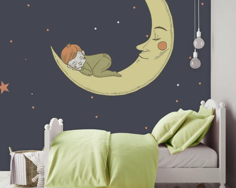 Papier peint panoramique de la lune avec un petit enfant et le ciel nocturne