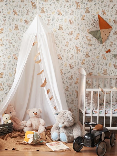 Woodland nursery wallpaper pattern with watercolour fawns, fox cubs, rabbits, teddy bears, birds and ducklings on cream