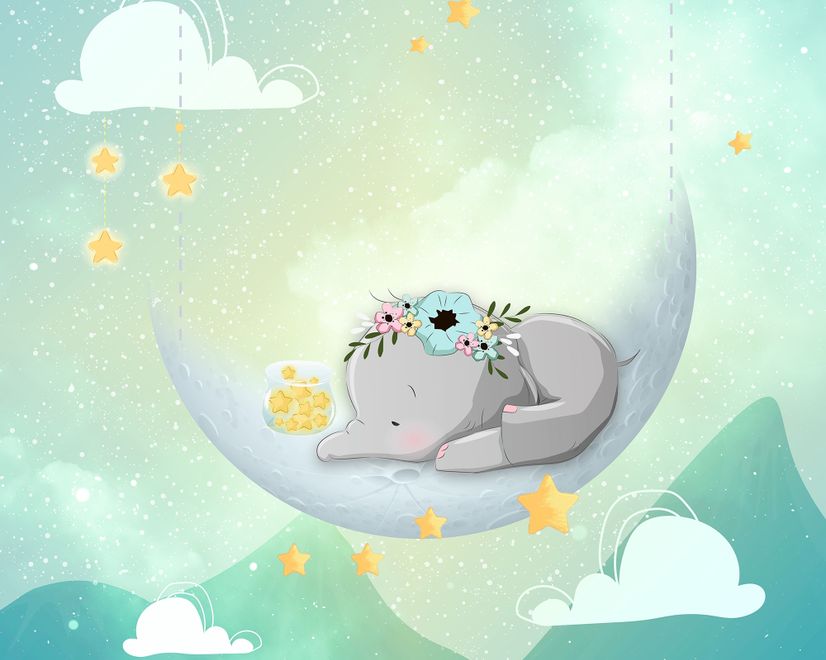 Watercolor Cute Elephant with Moon Wallpaper Mural