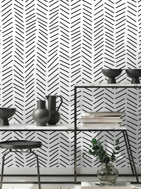 Modern Herringbone Line Black and White  Wallpaper Mural